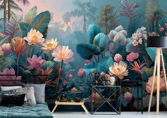Tropical Lotus Oversized Jungle Floral Wallpaper – peel and stick wallpaper mural, Golden Era Walls