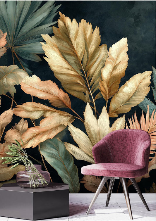 Tropical Leaf Luxurious Gold Floral Wallpaper – peel and stick wallpaper mural, Golden Era Walls