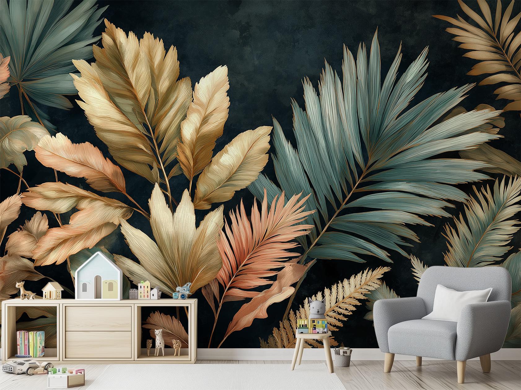 Tropical Leaf Luxurious Gold Floral Wallpaper – room setting, Golden Era Walls