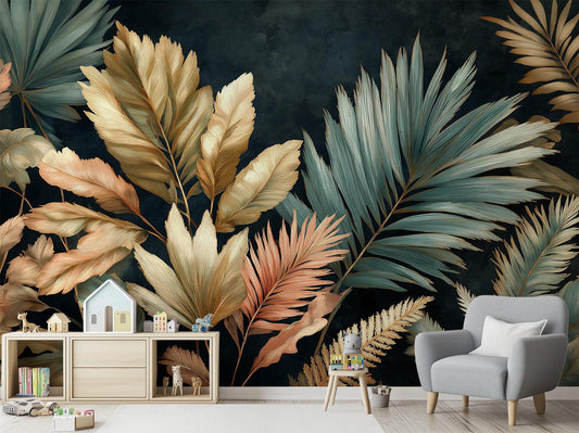 Tropical Leaf Luxurious Gold Floral Wallpaper – room setting, Golden Era Walls