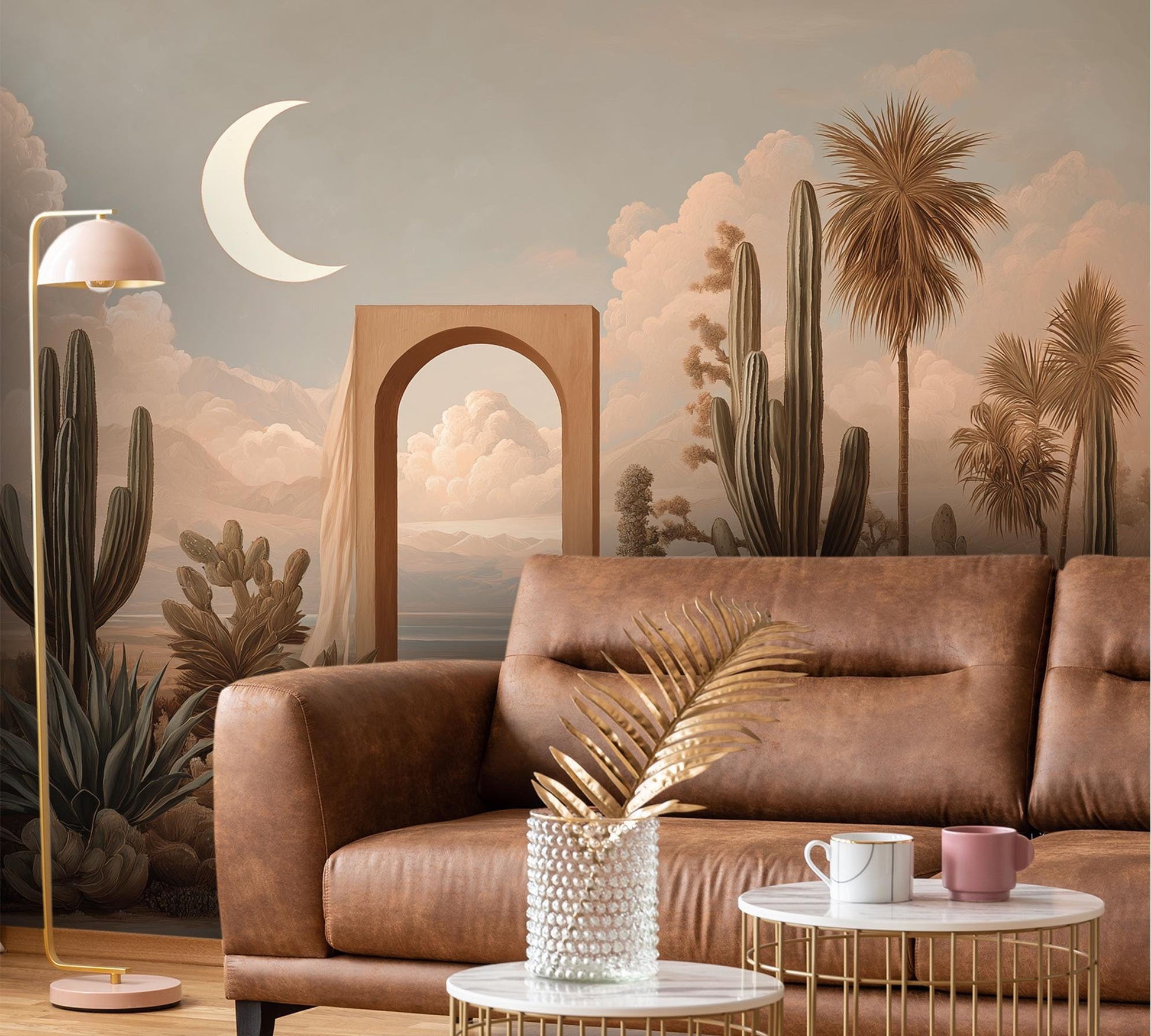 Surreal Desert Succulent Garden Floral Wallpaper – room setting, Golden Era Walls