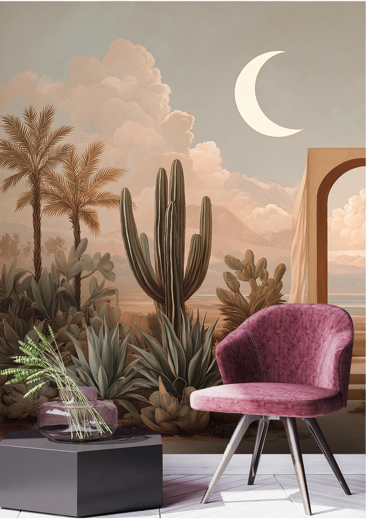 Surreal Desert Succulent Garden Floral Wallpaper – lifestyle view, Golden Era Walls