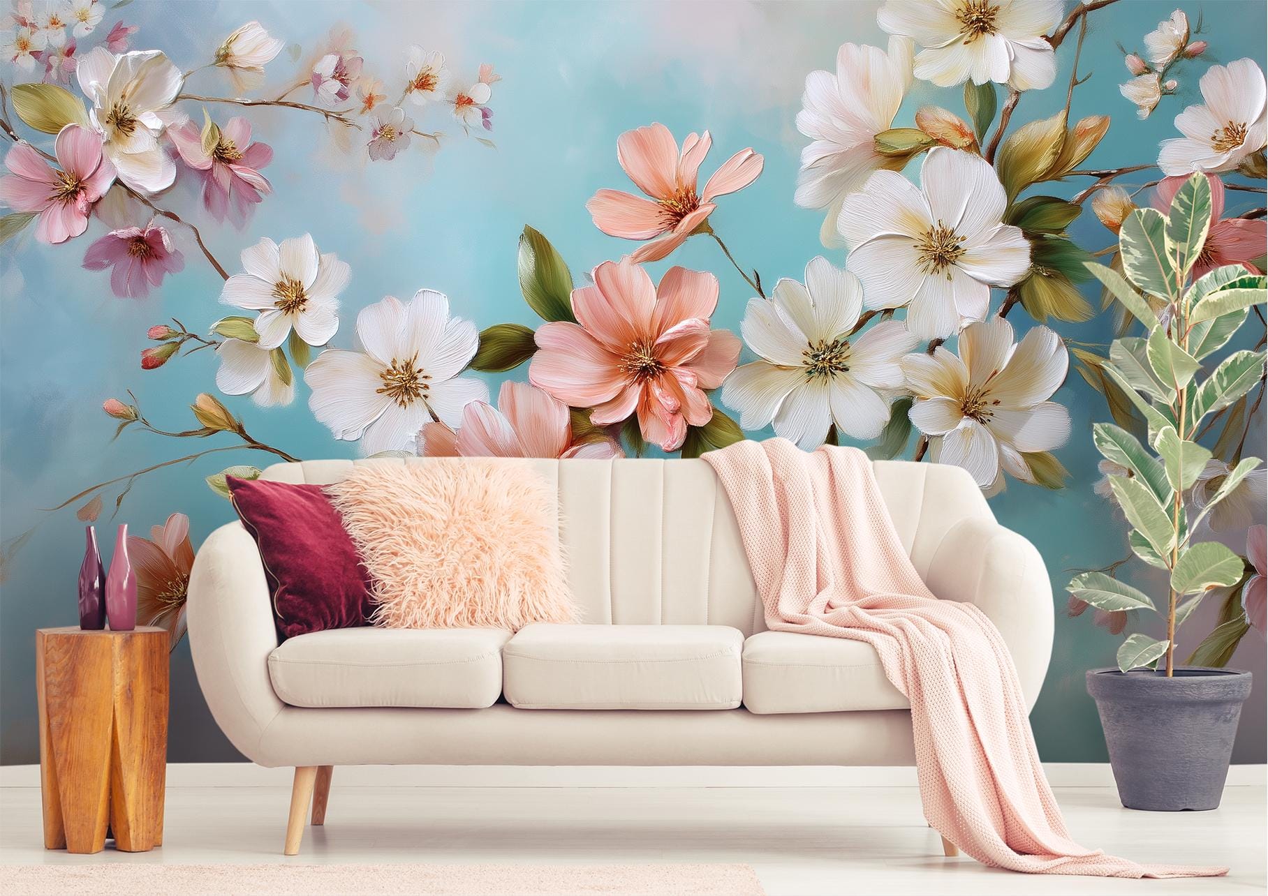 Spring Floral Pink White Floral Wallpaper – room setting, Golden Era Walls