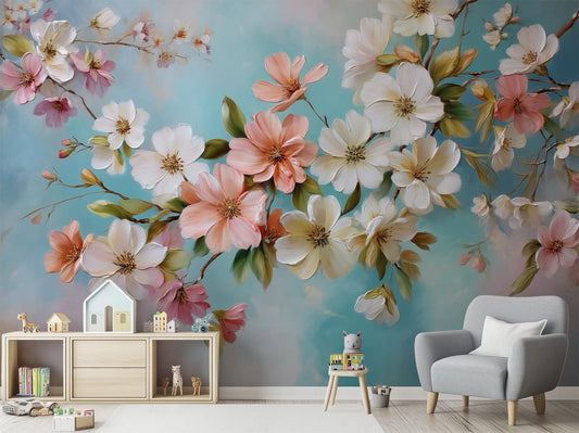 Spring Floral Pink White Floral Wallpaper – peel and stick wallpaper mural, Golden Era Walls