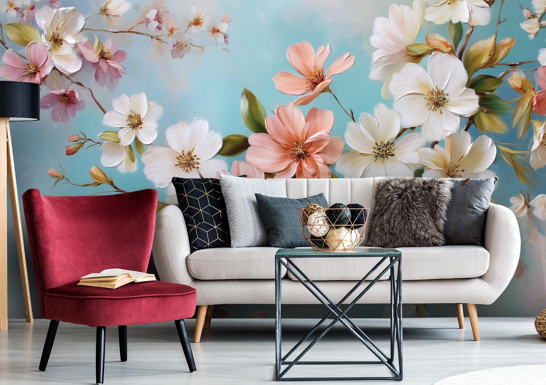 Spring Floral Pink White Floral Wallpaper – scale reference, Golden Era Walls