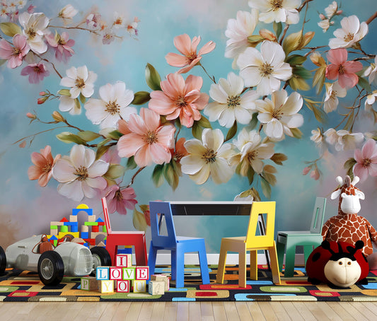 Spring Floral Pink White Floral Wallpaper – lifestyle view, Golden Era Walls