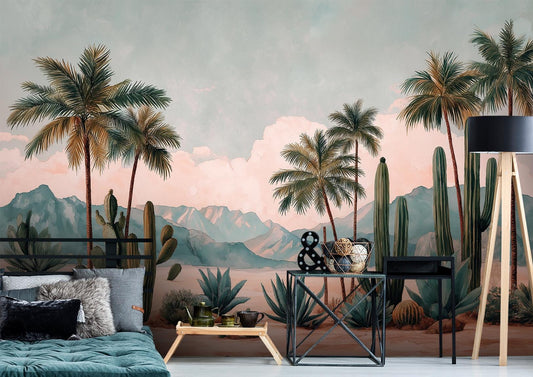 Soft Watercolor Desert Landscape Floral Wallpaper – room setting, Golden Era Walls