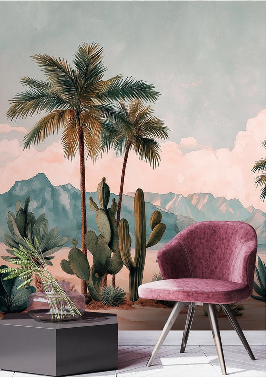 Soft Watercolor Desert Landscape Floral Wallpaper – peel and stick wallpaper mural, Golden Era Walls