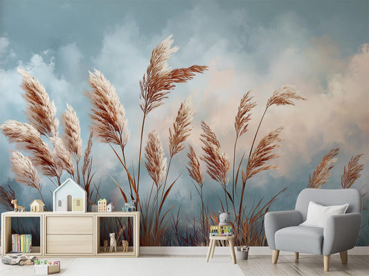 Serene Meadow Golden Pampas Floral Wallpaper – lifestyle view, Golden Era Walls