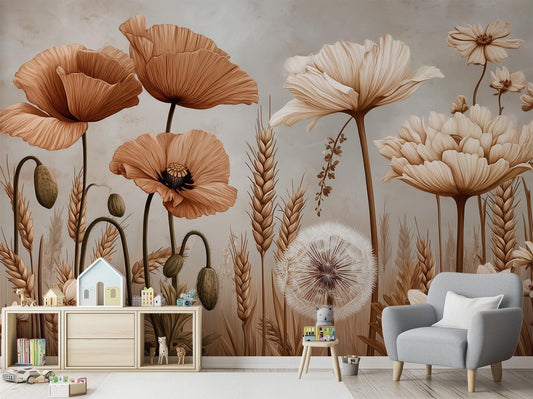 Sepia Meadow Vintage Poppies Floral Wallpaper – room setting, Golden Era Walls
