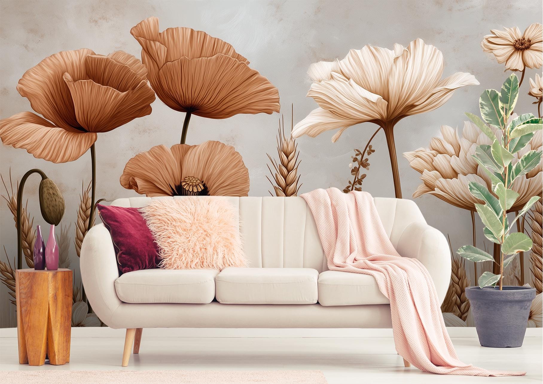 Sepia Meadow Vintage Poppies Floral Wallpaper – scale reference, Golden Era Walls
