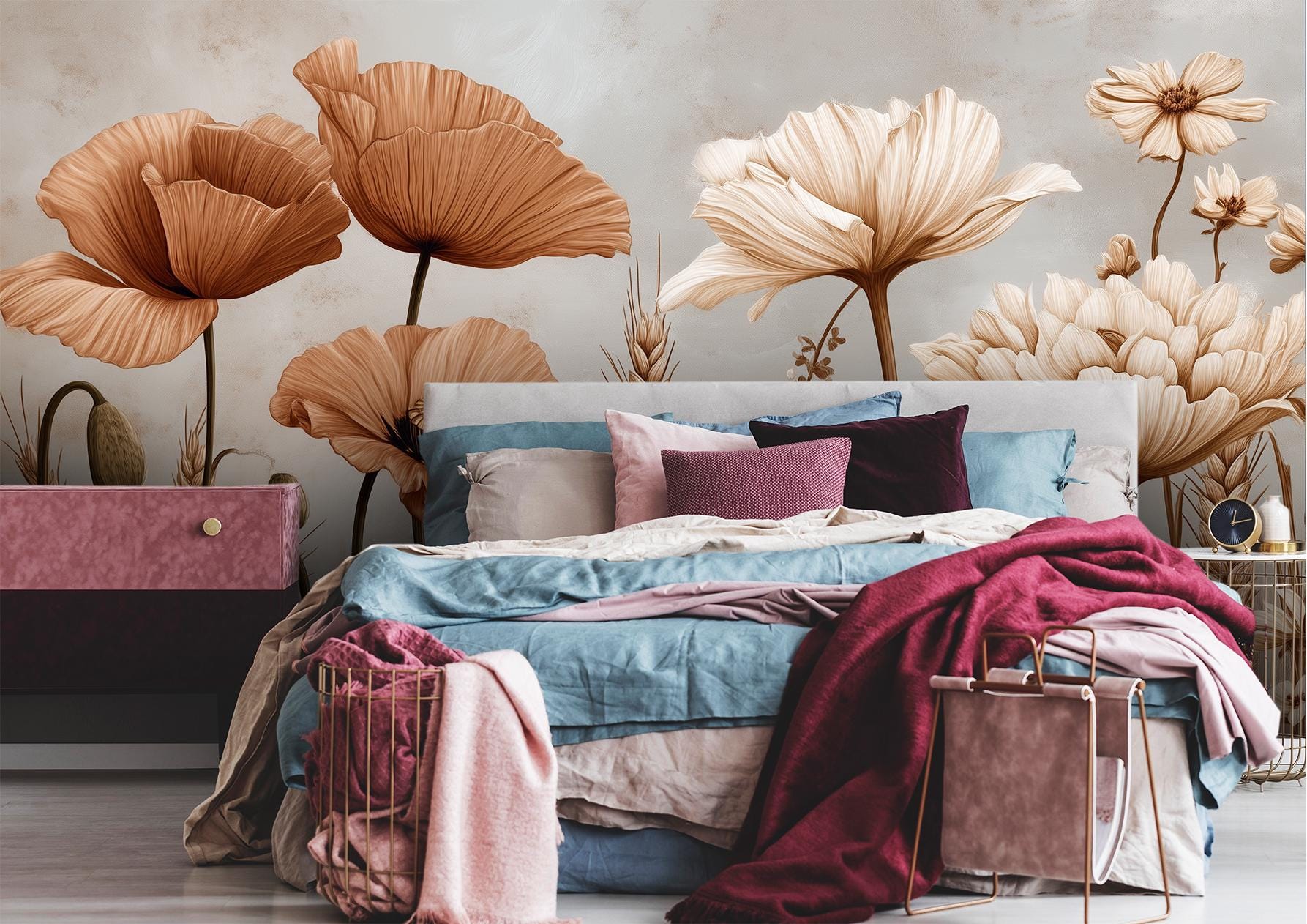 Sepia Meadow Vintage Poppies Floral Wallpaper – lifestyle view, Golden Era Walls