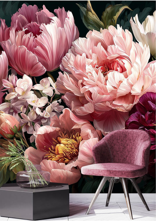 Romantic Peony Anemone Floral Floral Wallpaper – peel and stick wallpaper mural, Golden Era Walls