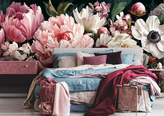 Romantic Peony Anemone Floral Floral Wallpaper – room setting, Golden Era Walls