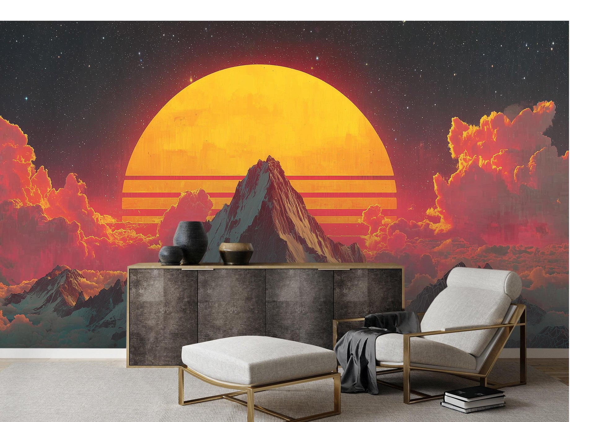 Retro Wave Neon Mountain Coastal Wallpaper – detail view, Golden Era Walls