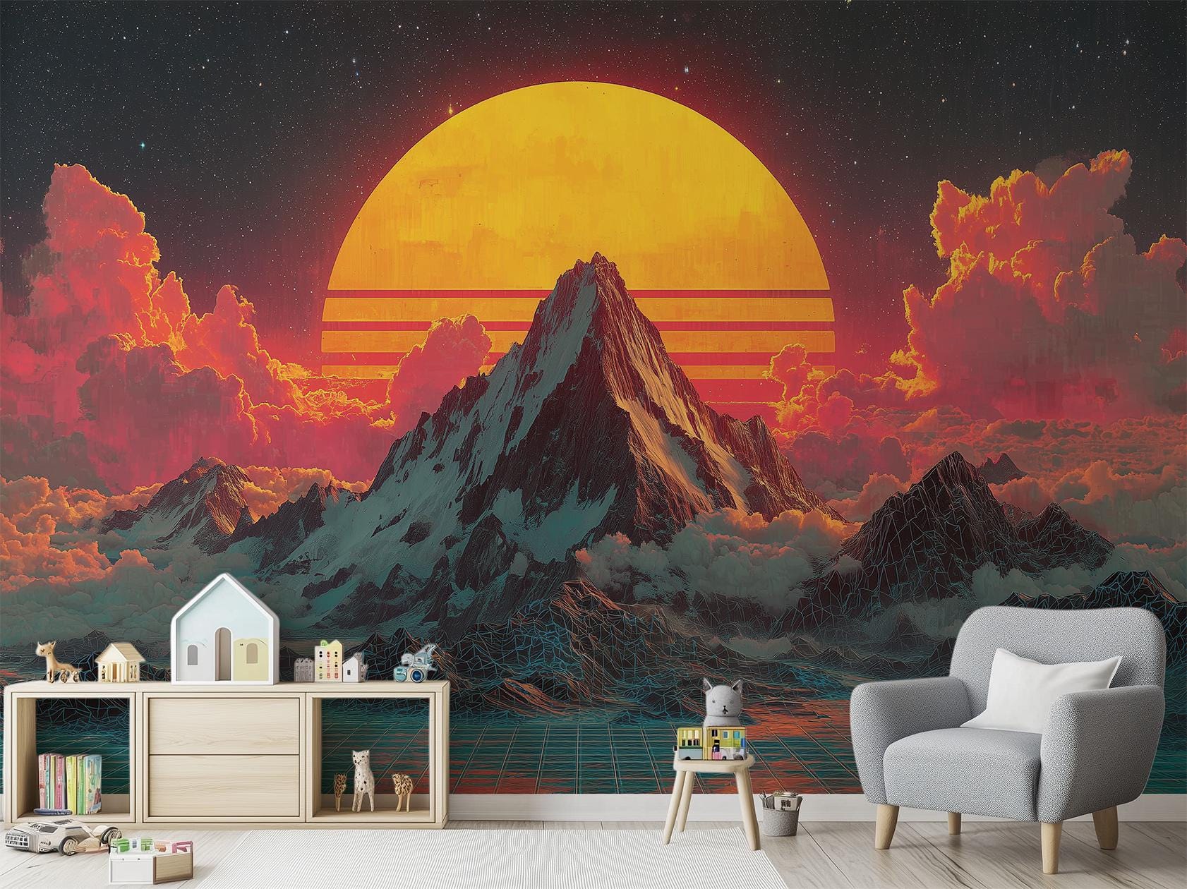 Retro Wave Neon Mountain Coastal Wallpaper – peel and stick wallpaper mural, Golden Era Walls