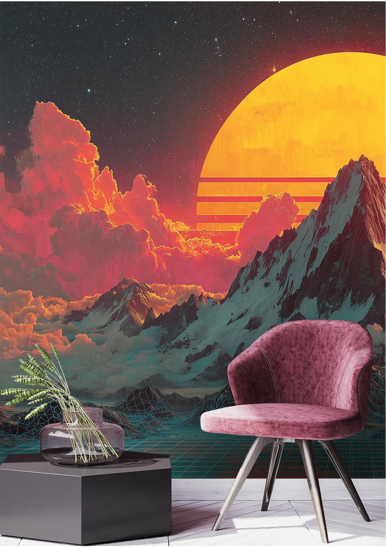 Retro Wave Neon Mountain Coastal Wallpaper – scale reference, Golden Era Walls