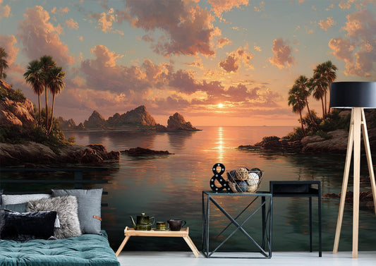 Ocean Sunset Tropical Beach Tropical Wallpaper – lifestyle view, Golden Era Walls