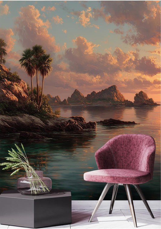 Ocean Sunset Tropical Beach Tropical Wallpaper – peel and stick wallpaper mural, Golden Era Walls