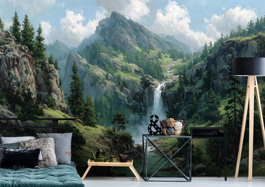 Mountain Waterfall Scenic Nature Coastal Wallpaper – peel and stick wallpaper mural, Golden Era Walls