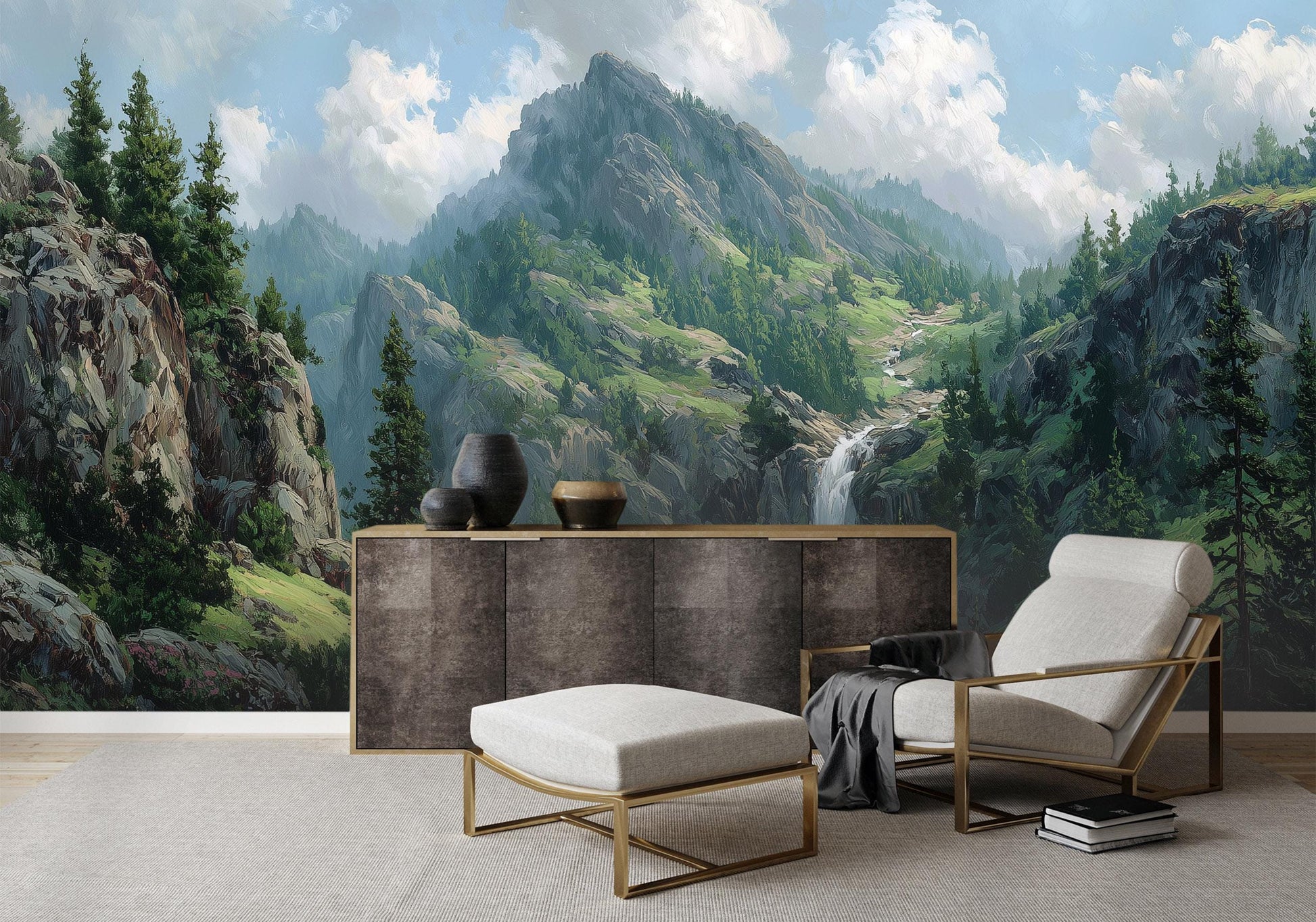 Mountain Waterfall Scenic Nature Coastal Wallpaper – scale reference, Golden Era Walls
