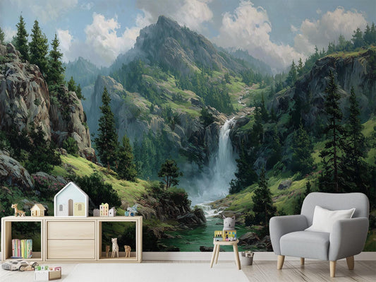 Mountain Waterfall Scenic Nature Coastal Wallpaper – lifestyle view, Golden Era Walls