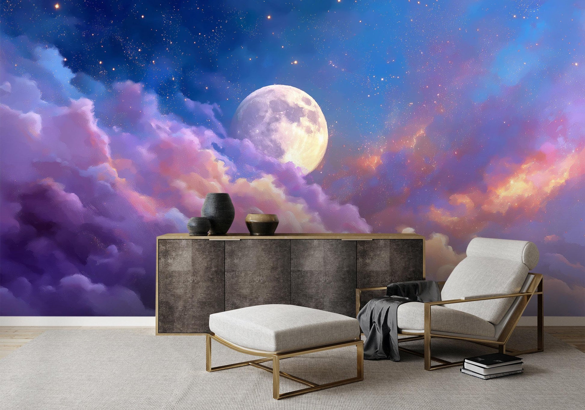 Moonlit Sky Pastel Clouds Wallpaper – scale reference, Golden Era Walls