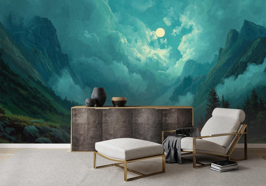 Moonlit Mountain Night Sky Wallpaper – detail view, Golden Era Walls