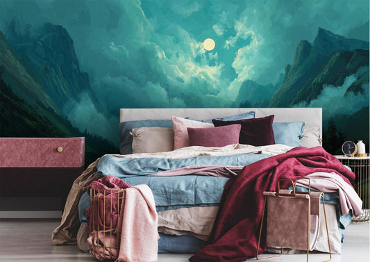 Moonlit Mountain Night Sky Wallpaper – lifestyle view, Golden Era Walls