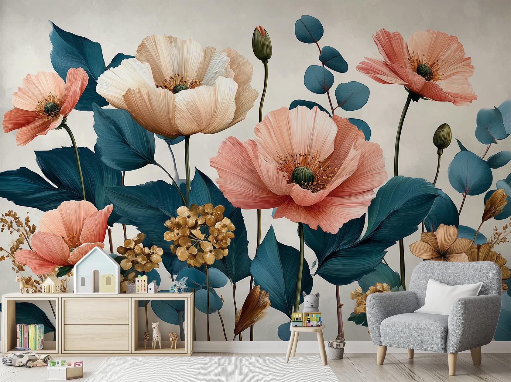 Modern Poppy Eucalyptus Renter Floral Wallpaper – detail view, Golden Era Walls