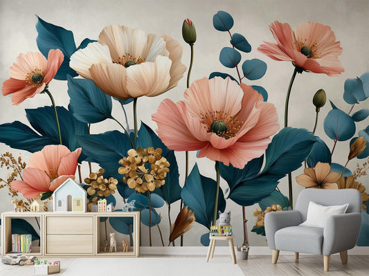 Modern Poppy Eucalyptus Renter Floral Wallpaper – detail view, Golden Era Walls