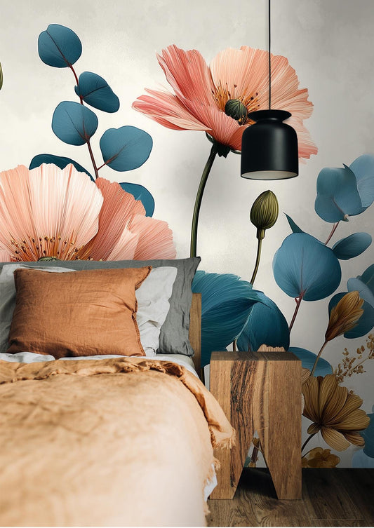 Modern Poppy Eucalyptus Renter Floral Wallpaper – lifestyle view, Golden Era Walls