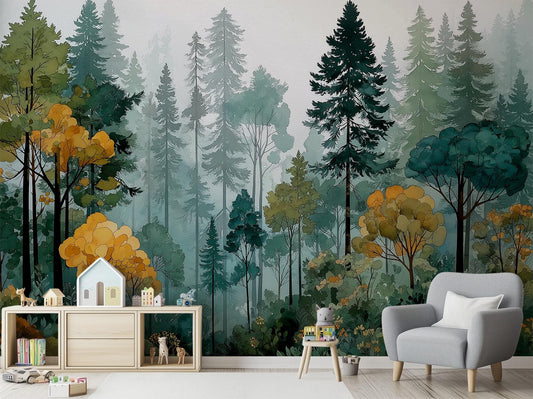 Misty Woodland Pine Tree Wallpaper – room setting, Golden Era Walls