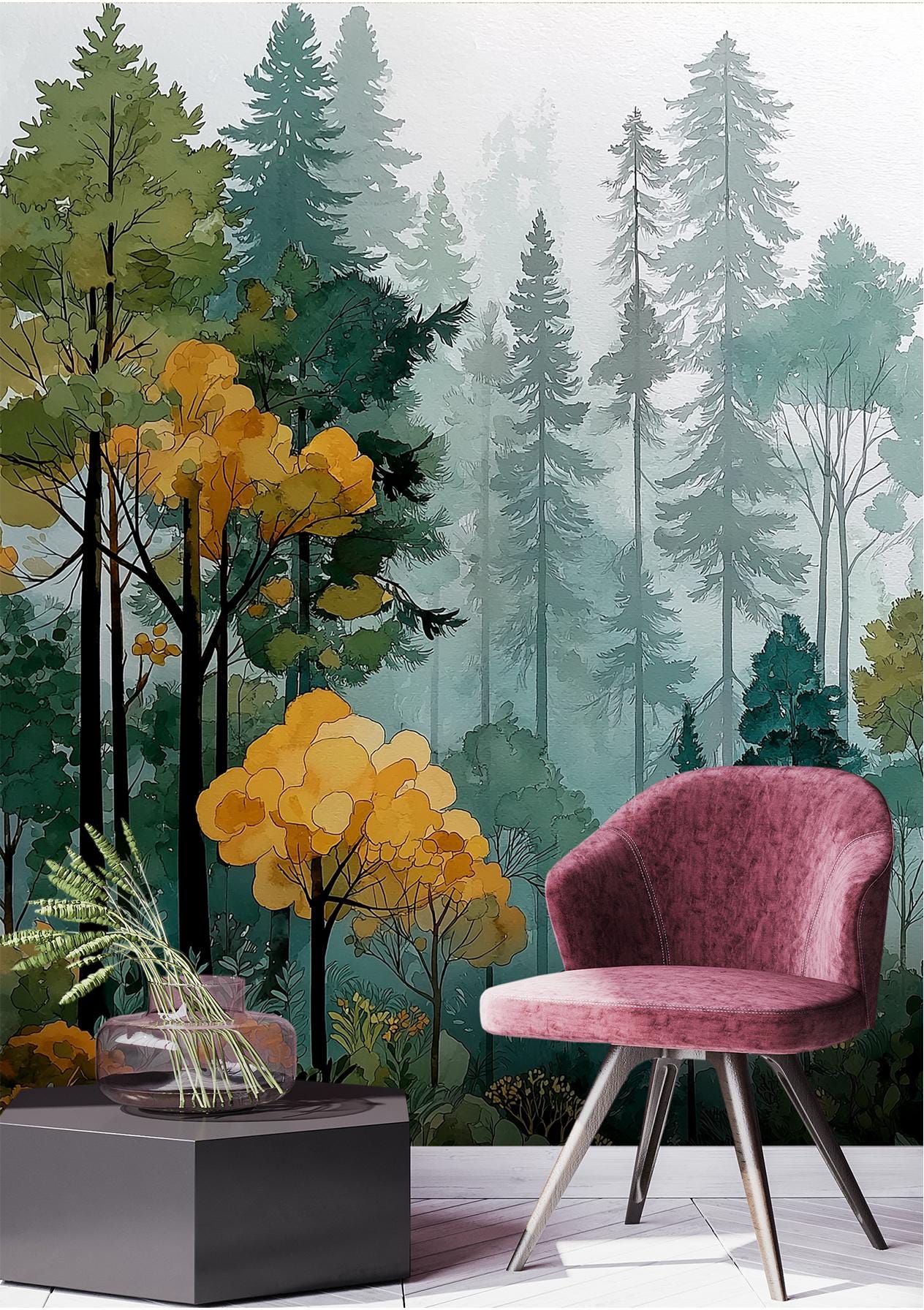 Misty Woodland Pine Tree Wallpaper – peel and stick wallpaper mural, Golden Era Walls