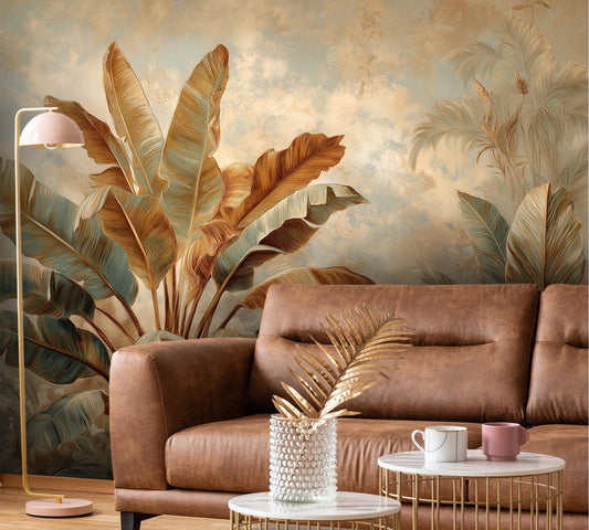 Banana Leaf Oasis Tropical Floral Wallpaper – lifestyle view, Golden Era Walls