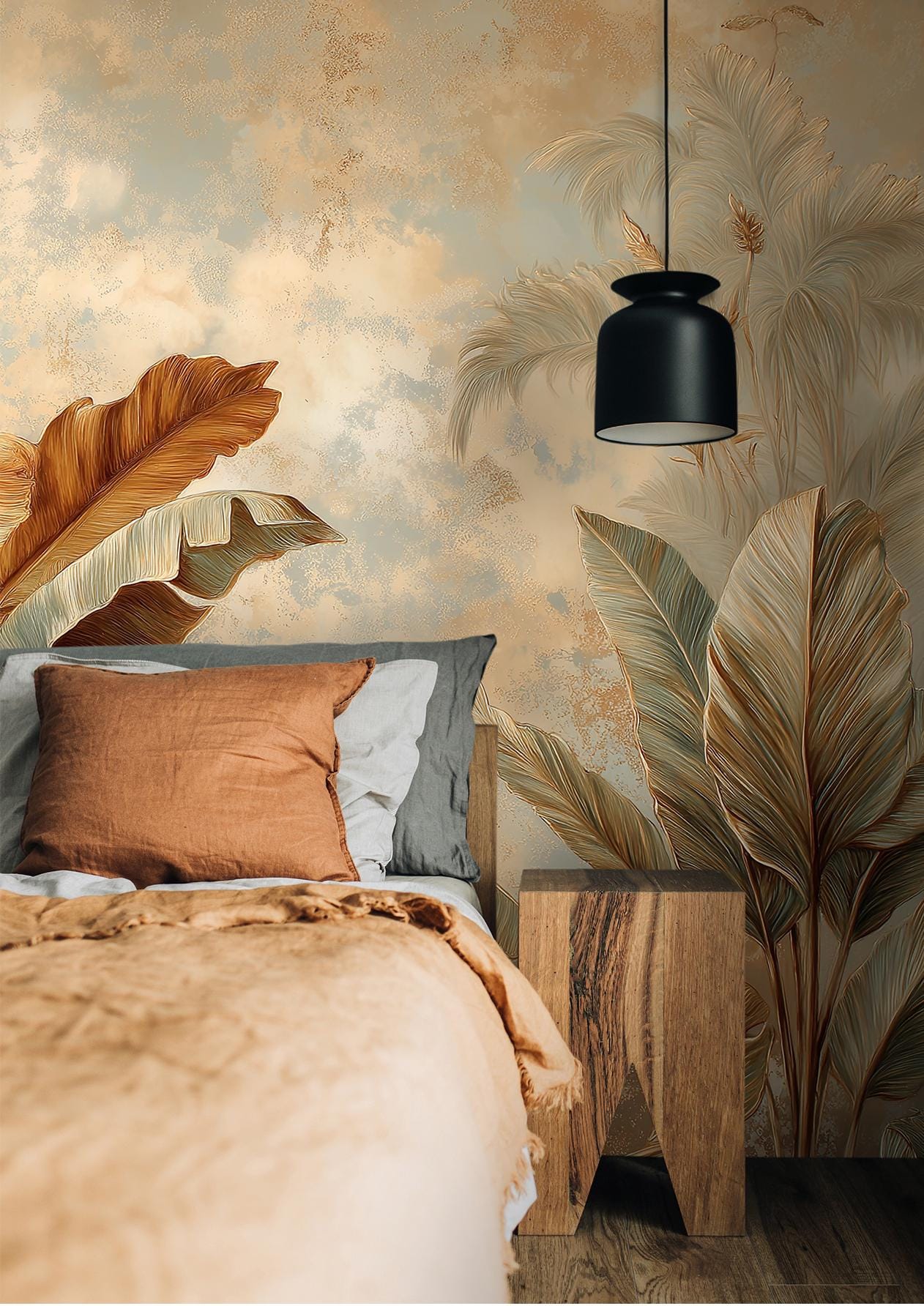 Banana Leaf Oasis Tropical Floral Wallpaper – scale reference, Golden Era Walls