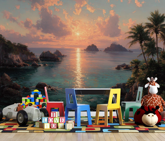 Beach Sunset Tropical Coastal Tropical Wallpaper – detail view, Golden Era Walls