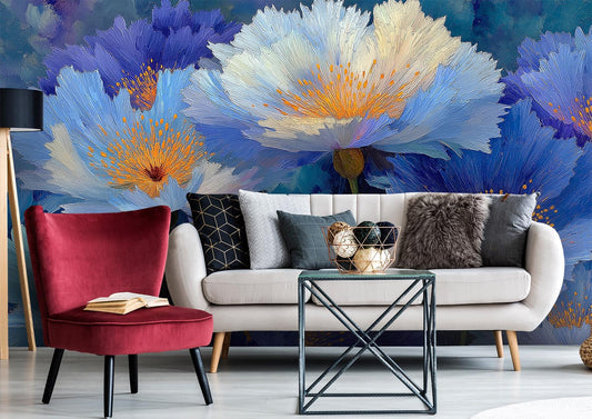 Blue Flower Botanical Decor Floral Wallpaper – detail view, Golden Era Walls