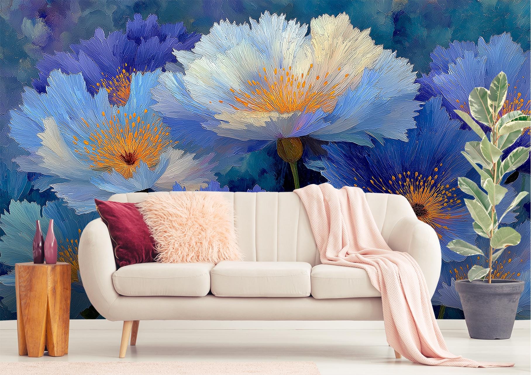 Blue Flower Botanical Decor Floral Wallpaper – scale reference, Golden Era Walls