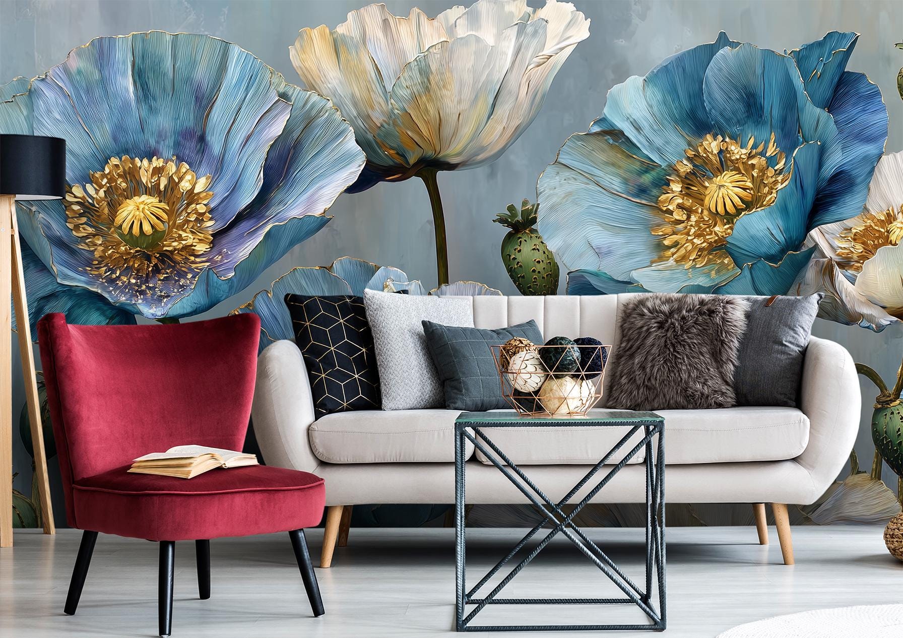 Blue Poppy Flower Hand Floral Wallpaper – alternate view, Golden Era Walls