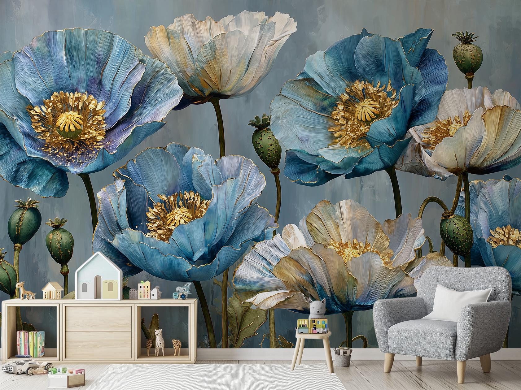 Blue Poppy Flower Hand Floral Wallpaper – room setting, Golden Era Walls