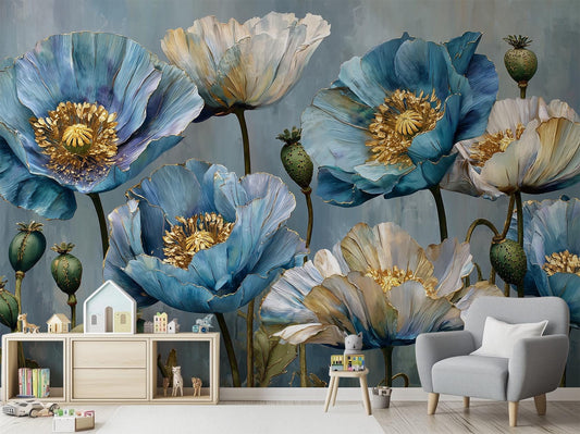 Blue Poppy Flower Hand Floral Wallpaper – room setting, Golden Era Walls