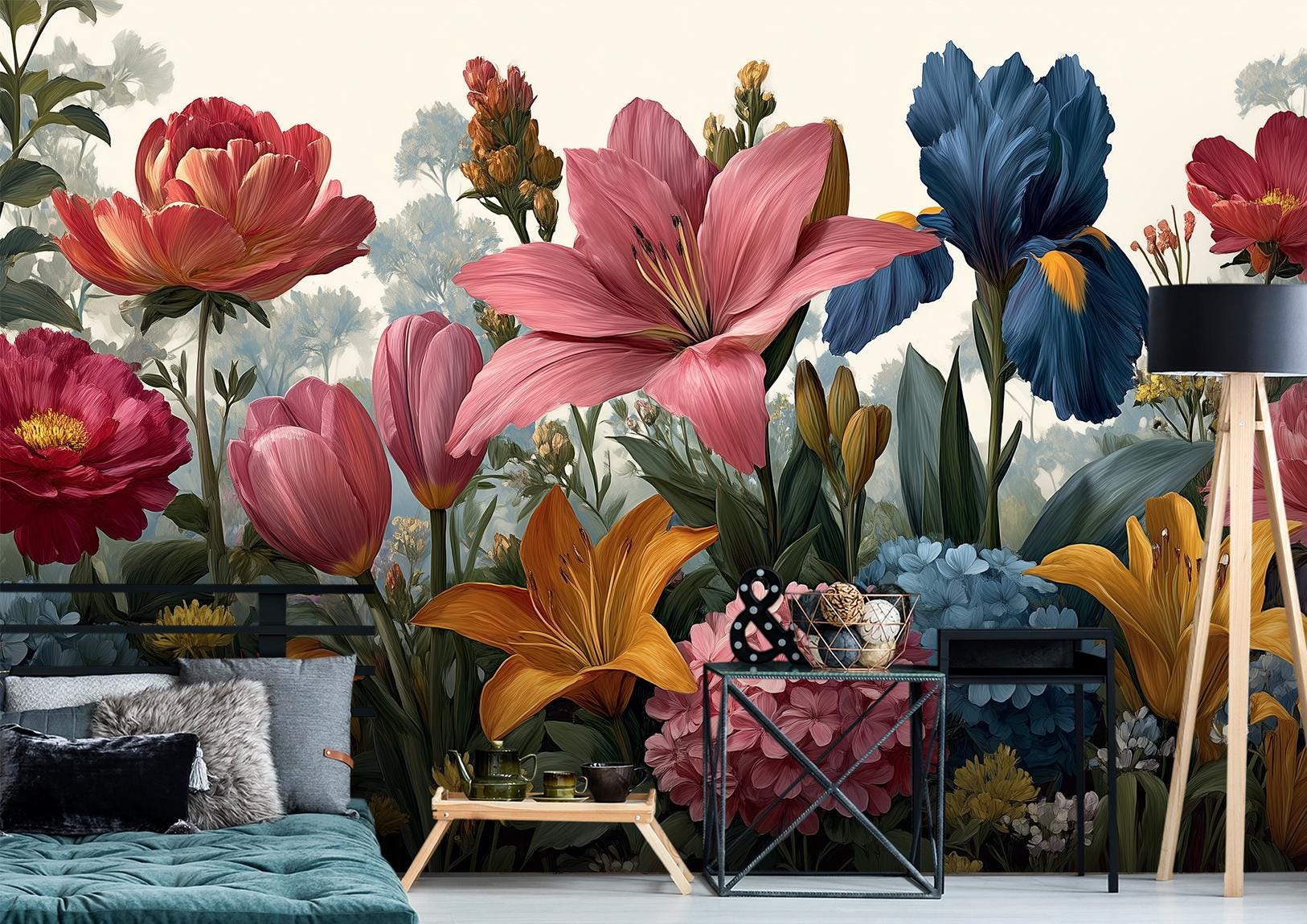 Bold Botanical Symphony Vibrant Floral Wallpaper – room setting, Golden Era Walls