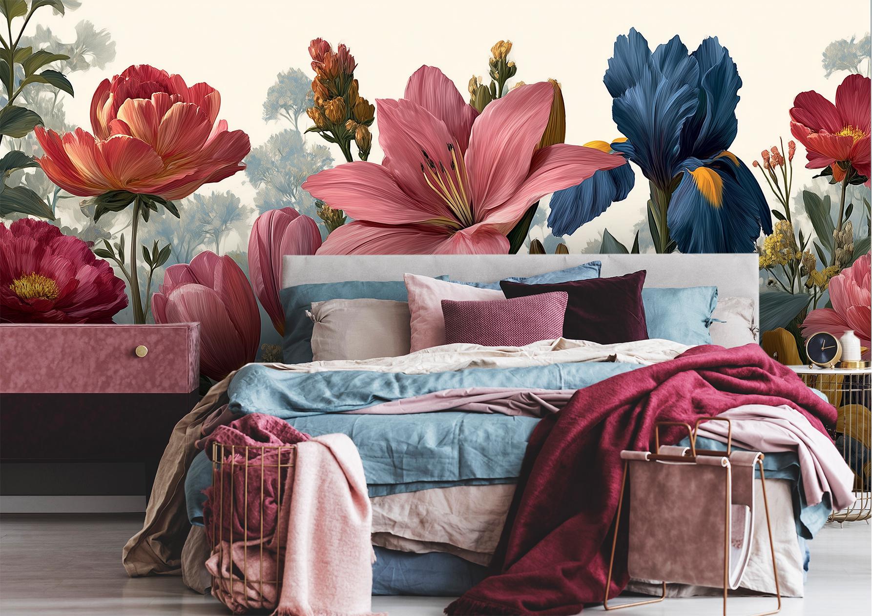 Bold Botanical Symphony Vibrant Floral Wallpaper – scale reference, Golden Era Walls