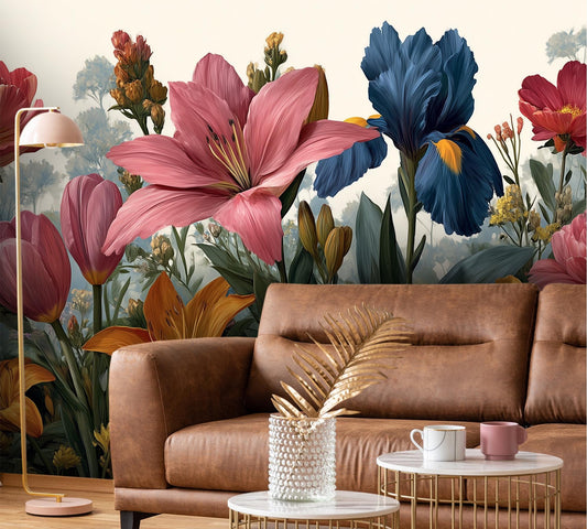Bold Botanical Symphony Vibrant Floral Wallpaper – detail view, Golden Era Walls