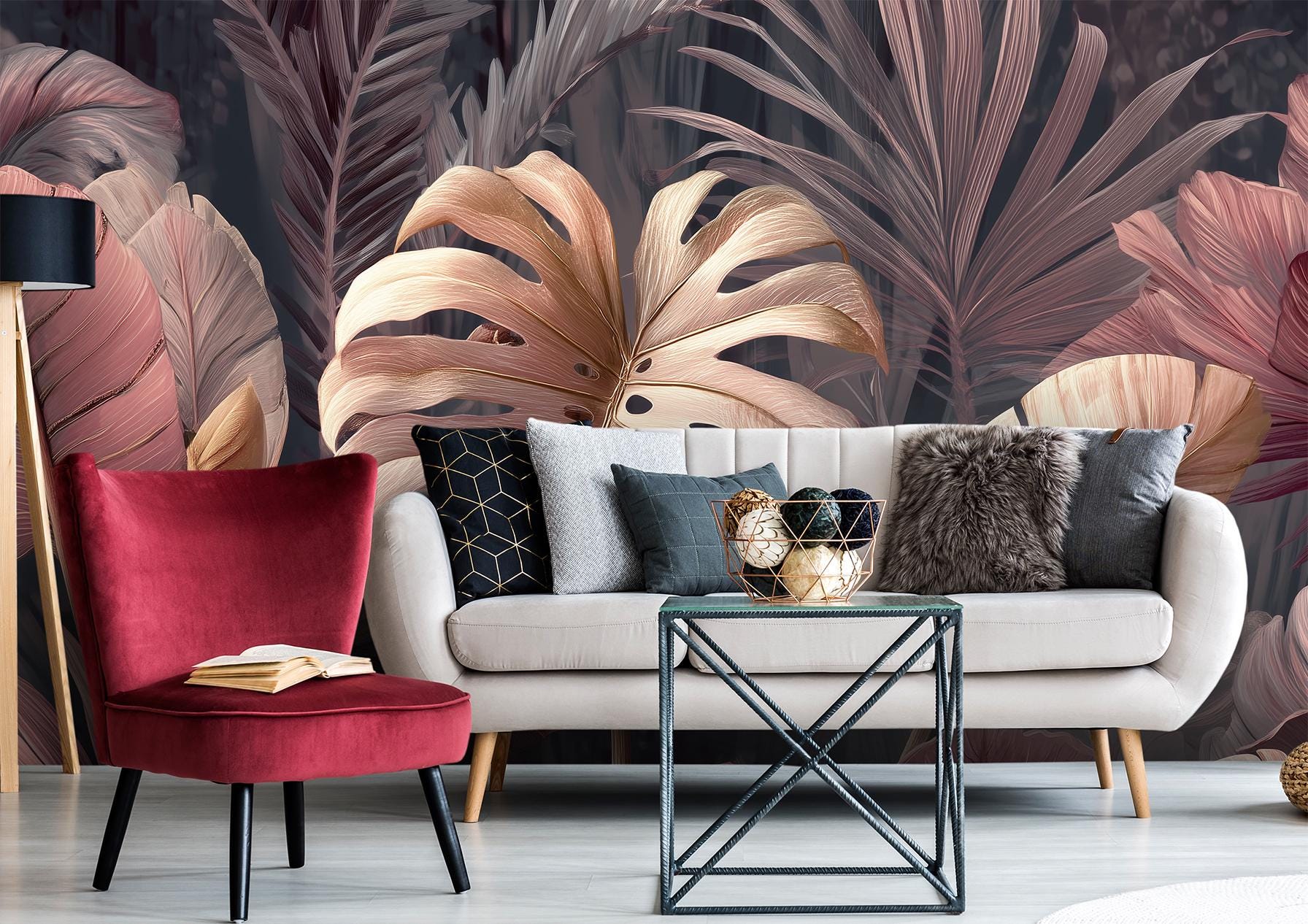 Bold Tropical Leaf Monstera Floral Wallpaper – scale reference, Golden Era Walls