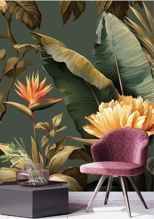 Botanical Rainforest Lush Green Floral Wallpaper – lifestyle view, Golden Era Walls