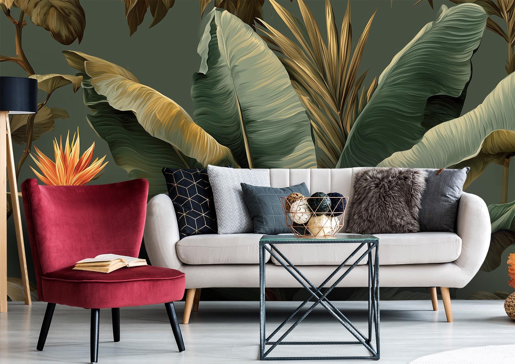 Botanical Rainforest Lush Green Floral Wallpaper – scale reference, Golden Era Walls