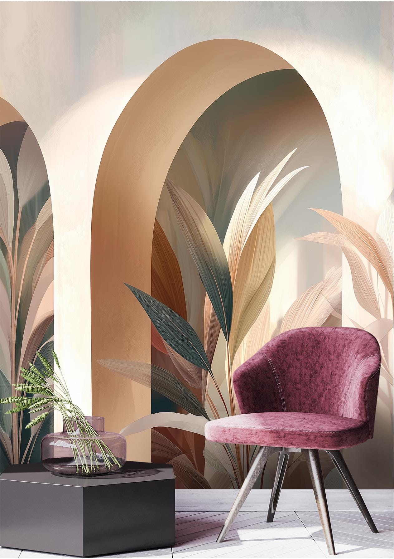 Botanical Terracotta Arches Or Floral Wallpaper – room setting, Golden Era Walls