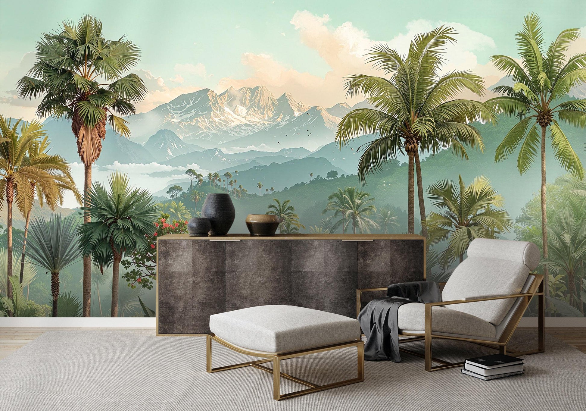 Botanical Tropical Exotic Palm Floral Wallpaper – scale reference, Golden Era Walls